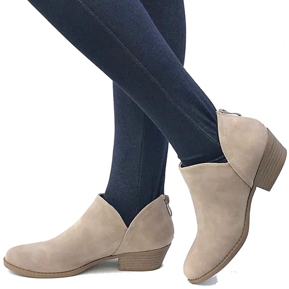 Shoes - New Women Taupe V Cutout Low Heel Western Booties Ankle Boots